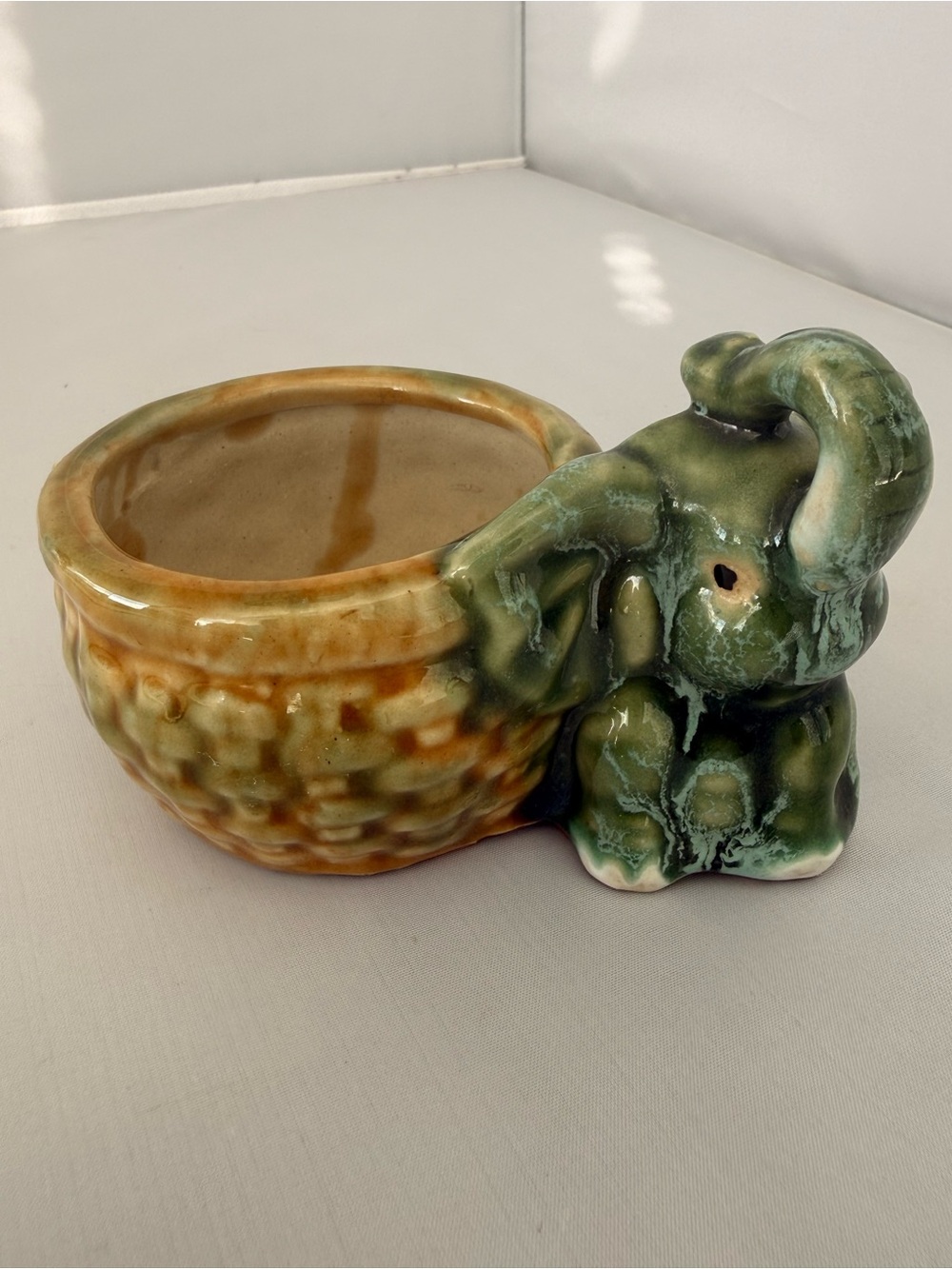 Vintage Majolica Style Elephant Planter Bamboo Succulent Bowl